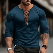 Men's T Shirt Velvet Tee Tee Top Long Sleeve Shirt Long Sleeve Collar Spring Fall Plain Fashion Designer Basic Lace up Vacation Street Going out Black Blue P