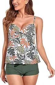 [KEOYA] 2 Pcs Womens Tankini Swimsuits with Shorts Sleeveless V Neck Padded Tank Tops Elastic Stretchy Slimming Swimwear