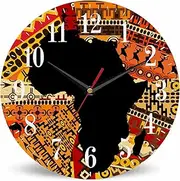 Africa Map Wall Clock World Ethnic Patterm 10 Inch Silent Non Ticking Battery Operated Clock Vintage Round Clock for Living Room Bedroom Bathroom Office Decor