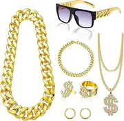 6Pcs Hip Hop Set, 80s 90s Rapper Hippie Accessories Retro Sunglasses Bracelet Fancy Dress Costume for Women Men Carnival Party Supplies