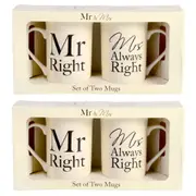 4pc Gibson Gifts Ceramic Mr & Mrs Right Coffee/Tea Mug Cup Drinkware Set WHT