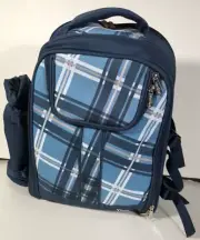 VonShef Blue Plaid Picnic Canvas Backpack W/ Utensils & Blanket NWT