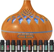 Aromatherapy Diffuser & Essential Oil Set - Ultrasonic Diffuser & Top 10 Essential Oils - 500ml Aromatherapy Humidifier with 4 Timer & 7 Ambient Light Settings