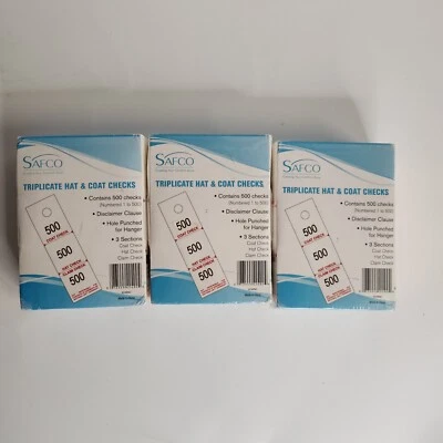 Safco 500 Claim Checks Triplicate Part Paper Coat Tickets Number Tags Hang Coat