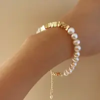 在飛比找momo購物網優惠-【CReAM】Nadia天然淡水珍珠碎金屬珍珠手鍊 碎金珍珠