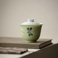在飛比找ETMall東森購物網優惠-彌言釉上彩手繪蜻蜓蓋碗茶杯家用陶瓷茶碗單個帶蓋日式功夫泡茶碗