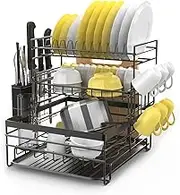 Dish Drainer Rack, 3 Tier Large Capacity Drain Board Rack with Drip Tray, Detachable Stainless Steel Dish Drying Rack for Kitchen Countertop or Sink (Black)