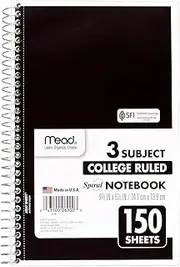 Mead Small Spiral Notebook, 3-Subject, College Ruled Paper, 9-1/2" x 5-1/2", 150 Sheets per Notebook, Color Will Vary, 1 Count (06900)