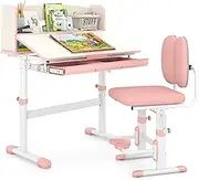 Kids Study Table and Chair Set, Height Adjustable Children School Study Desk with Tilt Desktop, Storage Drawer and Pen Holder, Ergonomic Kids Deck Chair with Double Back for Boys and Girls (Pink)