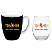 2pc Teacher Love Teach Inspire 400ml Coffee Mug & Stemless Wine Glass Set BLK