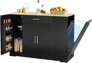 Lyromix 53" Large Kitchen Island with Trash Can Storage, Black Kitchen Island with Tilt Out Trash Can Storage Cabinet 10 Gallon, Portable Island with Garbage Bin, Wood Top, Spice Rack and Drawers
