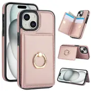 IPhone 15 Plus Case With Card Holder,Military Grade Drop Protection,Durable Shockproof Cover-Rose Gold