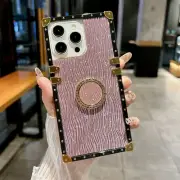 For iPhone 16 15 Pro Max 14 Plus 13 12 Luxury Glitter Bling Square Case w/ Ring