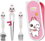 Edison Friends Lion Stainless Steel Chopsticks, Spoon, Fork and Case 4 Set, Chopsticks Training, Beginner, Brain Training (Lion, Hion), Made in Korea (White Rabbit)