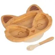 2pc Tiny Dining Beige Bamboo Fox Baby Weaning Plate & Fork Set with Suction