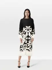 Abstract Silk Feather Trim Midi Dress