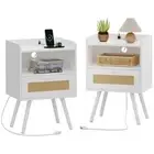 Nightstands with Charging Station, Bedside Table Set of 2 with PE Rattan