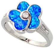 Women Silver Rhodium Plated, Opal Inlay Flower Ring CZ stone Accents 16mm