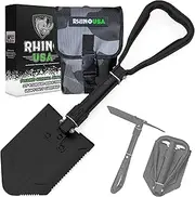 Rhino USA Folding Survival Shovel w/Pick - Heavy Duty Carbon Steel Military Style Entrenching Tool for Off Road Camping Gardening Beach Digging Dirt Sand Mud & Snow - Guaranteed for Life!