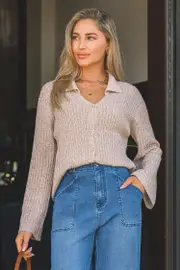 Cupshe Apricot Ribbed Knit Collared Button-Up Sweater Top - Yellow,M