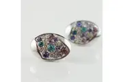 Oval Egg Shape Silver Stud Colourful Purple Blue Stone Crystals Earrings