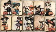 Halloween kids vintage style junk journal vintage retro card toppers set of 10