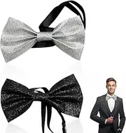[WLVinson] Pack of 2 Glitter Bow Ties for Men, Silver Black Bow Tie, Sequin Flies, Glittering Pre-Tied Bow Tie with Adjustable Strap, Costume Accessories Bow Tie for Wedding Party, Carnival, Fancy Dress, black