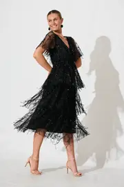 Women's Cocktail Catalina Midi Dress Short Sleeve in Black Sequin 8