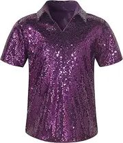 [Spring&Gege] Boys' Short Sleeve Sparkle Sequins Polo Shirts V-Neck Shiny T-Shirt (4-12 Years)
