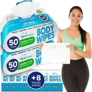 Body Wipes for Adults Bathing No Rinse (2 Pack) 100 XL Shower Wipes + 8 Trave...