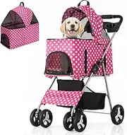 MoNiBloom 3 in 1 Foldable Pet Stroller for Small & Medium Dogs, Detachable Carrier, Car Seat, Push Button Entry, 4-Wheel Jogger for Pets up to 33 lbs, Hot Pink Polka Dots