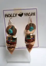 NOS Holly Yashi Dangle Earrings Gold Filled Geometric w/Turquoise Wire Wrap