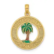 14k Yellow Gold BLUFFTON SC Circle Enameled Palm Tree Charm