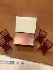 VTG DOLLHOUSE BURGUNDY TABLE w 4 MAROON VELVET CHAIRS #WF040 M/OB!, LQQK!!!
