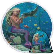 Underwater Friends Baby Seal and Girl Mermaid Round Beach Towel