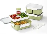 Lille Home 3-Pack Salad Food Storage Containers, 3800ml Bento Boxes, with Lids and Removable Trays, Fork and Spoon, for Lunches, Salads, Snacks & Fruits (Green)