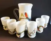 Stunning White Cased Glass, Multi Swirls Applied-Handle Pitcher & Six Glasses