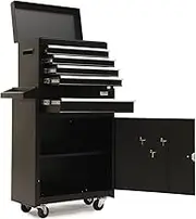 Bullet 5 Drawer Tool Box Cabinet Chest Storage, with 1-Door Toolbox Garage Organiser Set, Black
