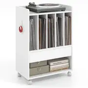 Costway Record Player Stand Rolling Turntable Drawer Storage Cabinet w/Dividers & 6 Compartments