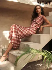 Red Check Sleeveless Satin Drape Waist Detail Midi Dress (AK3133) | $47