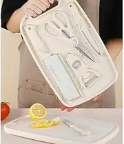 Stainless Steel Knife Set with Cutting Board 5-Piece, Baby Food Knife, Kitchen Scissors, Chef Knife, Fruit Knife for Camping/Cook,Easy Carrying