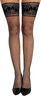 [EVELIFE] Women's Fishnet Thigh High Stocking, Elegant Lace Top Medium Net Black Stockings With 2 Black +2 Red DIY Criss-cross Straps
