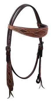 Western Two Tone Leather Hand Carved Browband Style Headstall with Dots