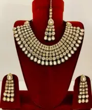 White Kundan Cz Gold Plated Bib Statement Necklace Set Indian Wedding Jewelry