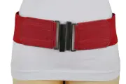Women Red Elastic Fashion Wide Belt Silver Metal Buckle Adjustable Size Fit S M
