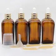 4 pack,amber glass dropper bottles 3.38 oz,100 ml dark empty tincture bottles with dropper,alcohol,hair oil bottle,perfume,essentia,small,eye,droppers for oils,medicine,pipette,drip drop (amber)