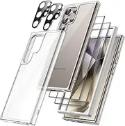 [JETech] 5 in 1 Case for Samsung Galaxy S24 Ultra 5G with 2-Pack Each Tempered Glass Screen Protector and Camera Lens Protector, Non-Yellowing Shockproof Bumper Phone Cover (Clear)