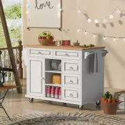 Kitchen Island Cart on Wheels Spice & Towel Rack Open Shelf Drawer Cabinet White