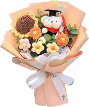 2025 Graduation Gift Set, Knitted Flower Bouquet with Graduation Bear & Gift Bag, Handmade Yarn Bear Bouquet, for Her Him, High School College University Grad (Orange)