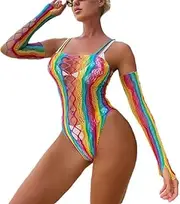 [Generic] Women Rainbow Striped Fishnet Bodysuit Sexy Mesh Mini Dress Bikini Beach Festival Rave Outfits